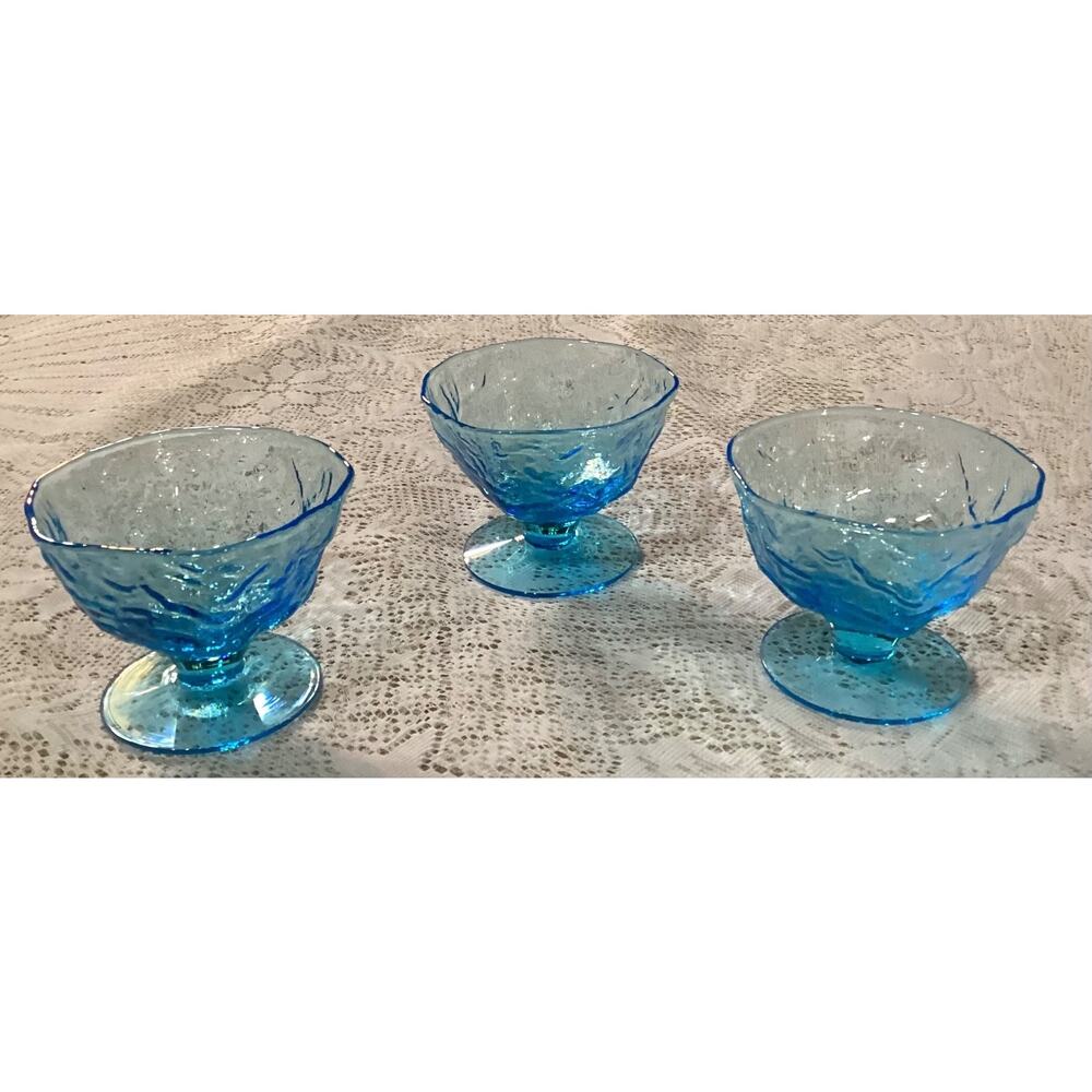 3 Vintage Morgantown Crinkle Glass Dish Seneca Driftwood Sky Blue Sherbet Bowls